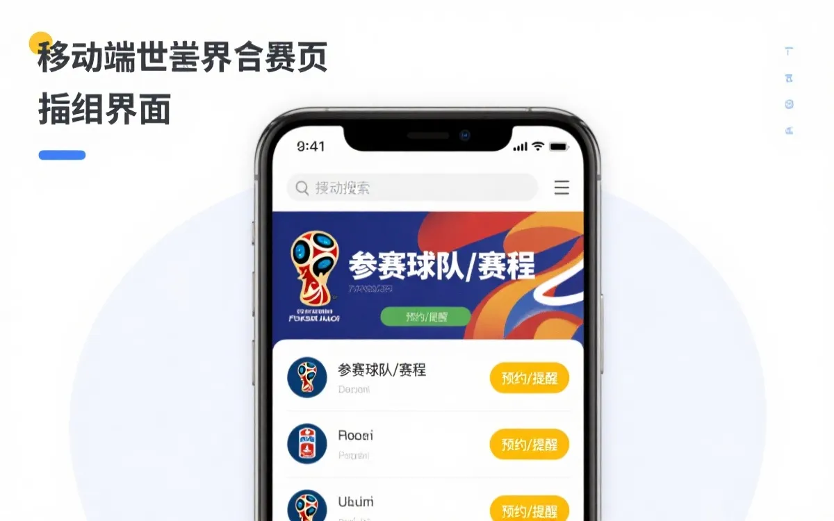 世界杯专题页结构示意:球队列表入口、赛事中心入口与预约按钮位置图解